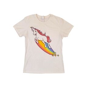 Double Unicorn Women's White Rainbow Short Sleeve‎ T-Shirt Large
